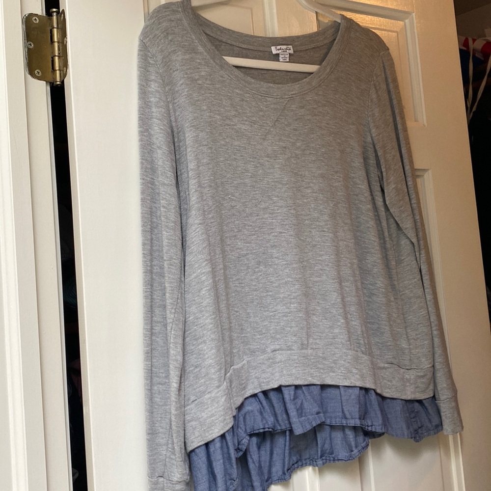 Splendid Anthropologie Grey Super Soft Light Sweatshirt with Chambray Ruffle Hem